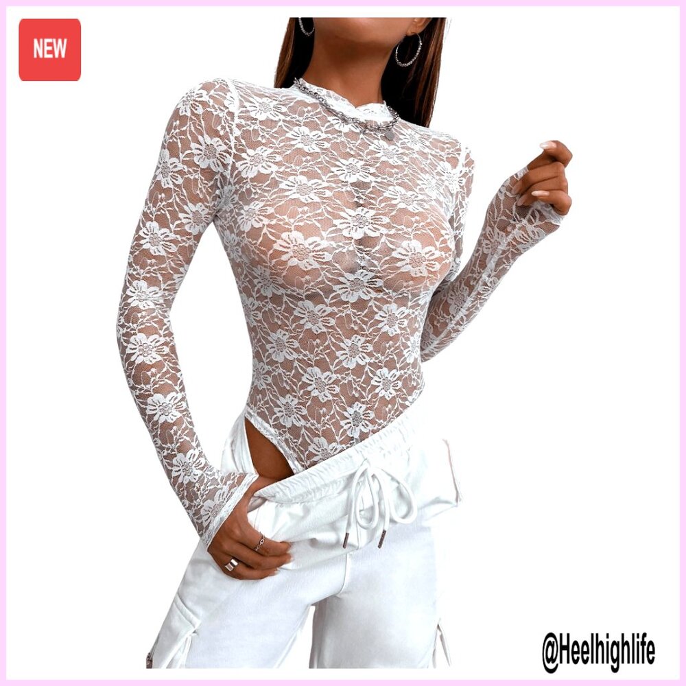 Long Sleeve Lace Bodysuit Mock Neck Sheer Mesh Tops